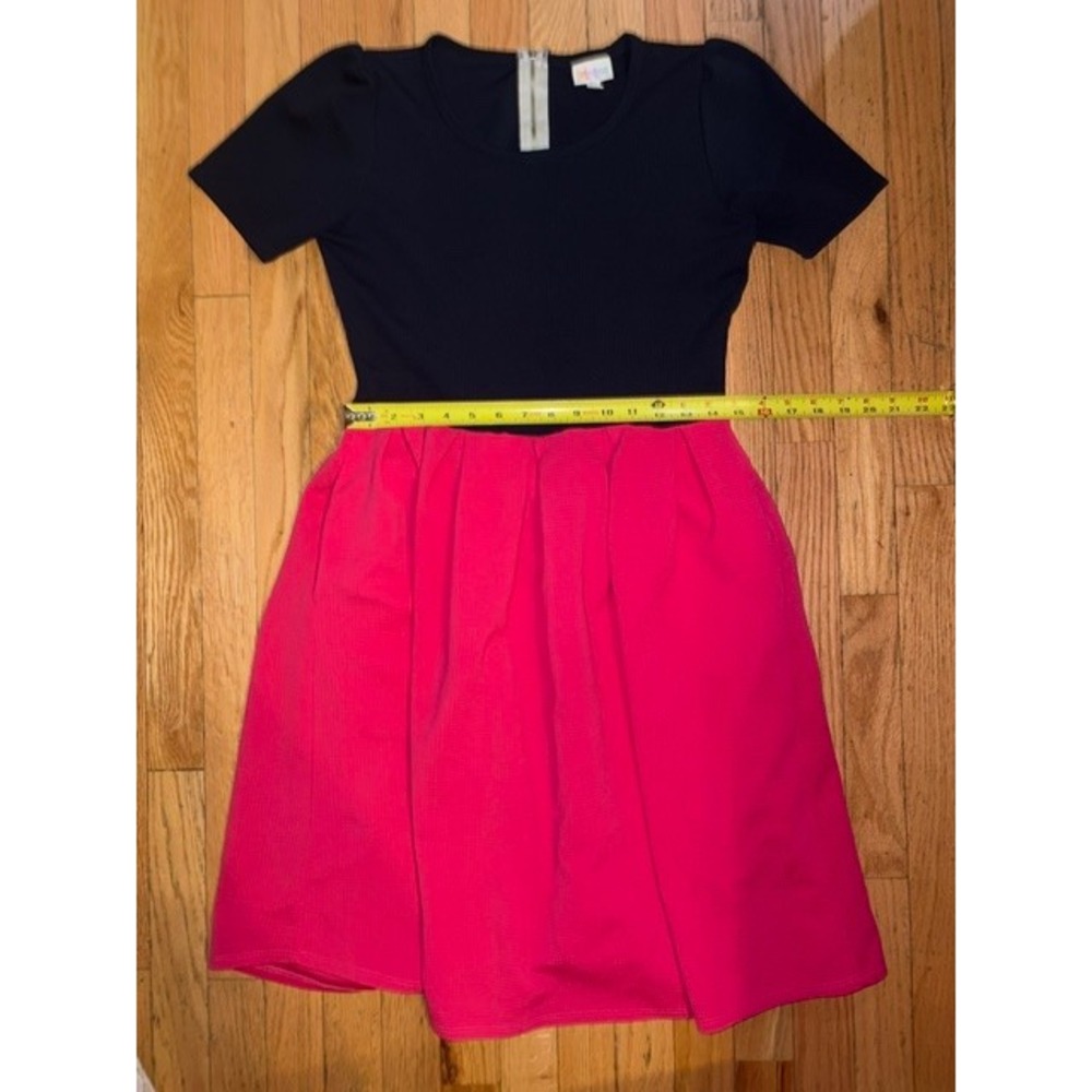 LuLaRoe Nicole Dress Womens Medium Navy Blue Pink Colorblock Fit Flare Skater